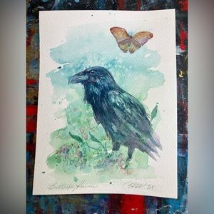 Raven Butterfly Watercolor Painting Original Art Bird Wall Decor Artettina